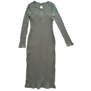 Y2K Womens Bongo Dress L Olive Bodycon Ribbed Cutout Stretchy Long Sleeve Midi
